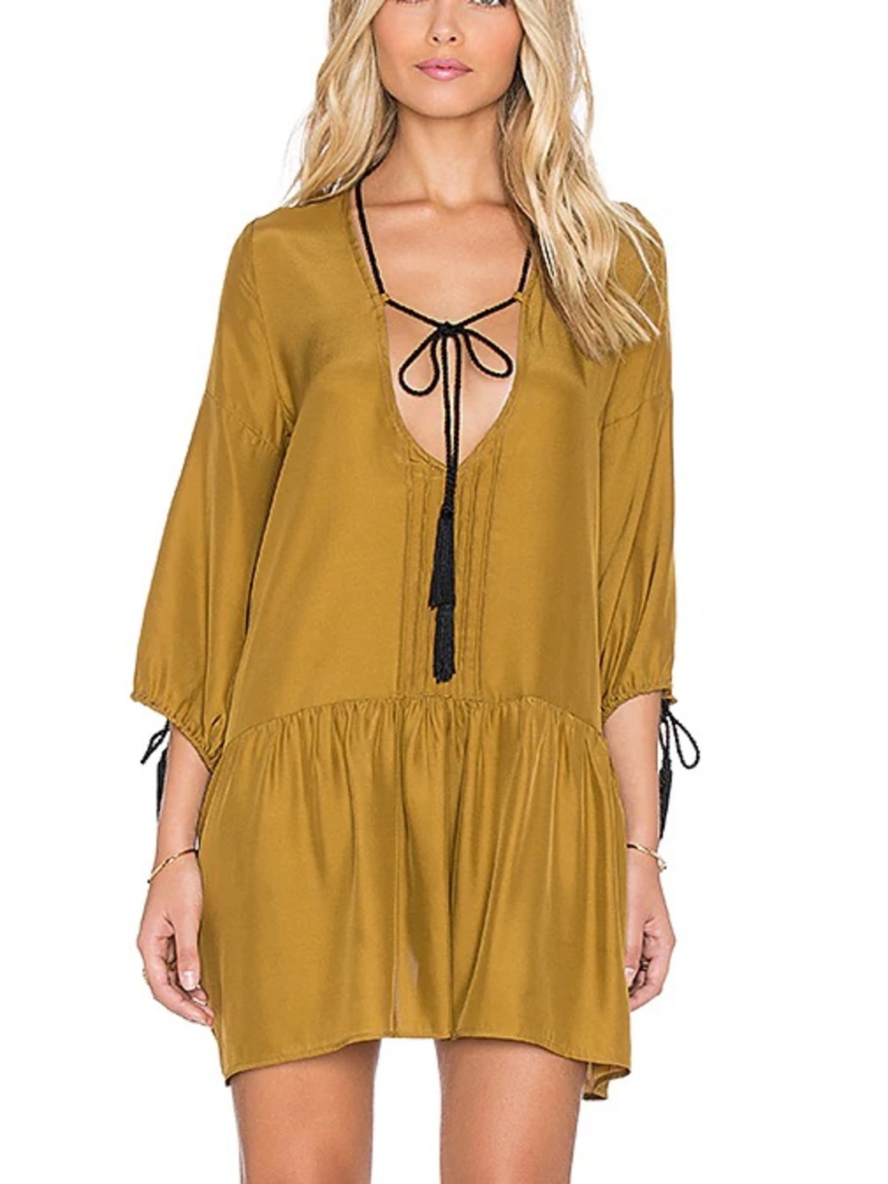 For Love & Lemons Mustard V-Neck Swim Coverup with Black Tassel Tie